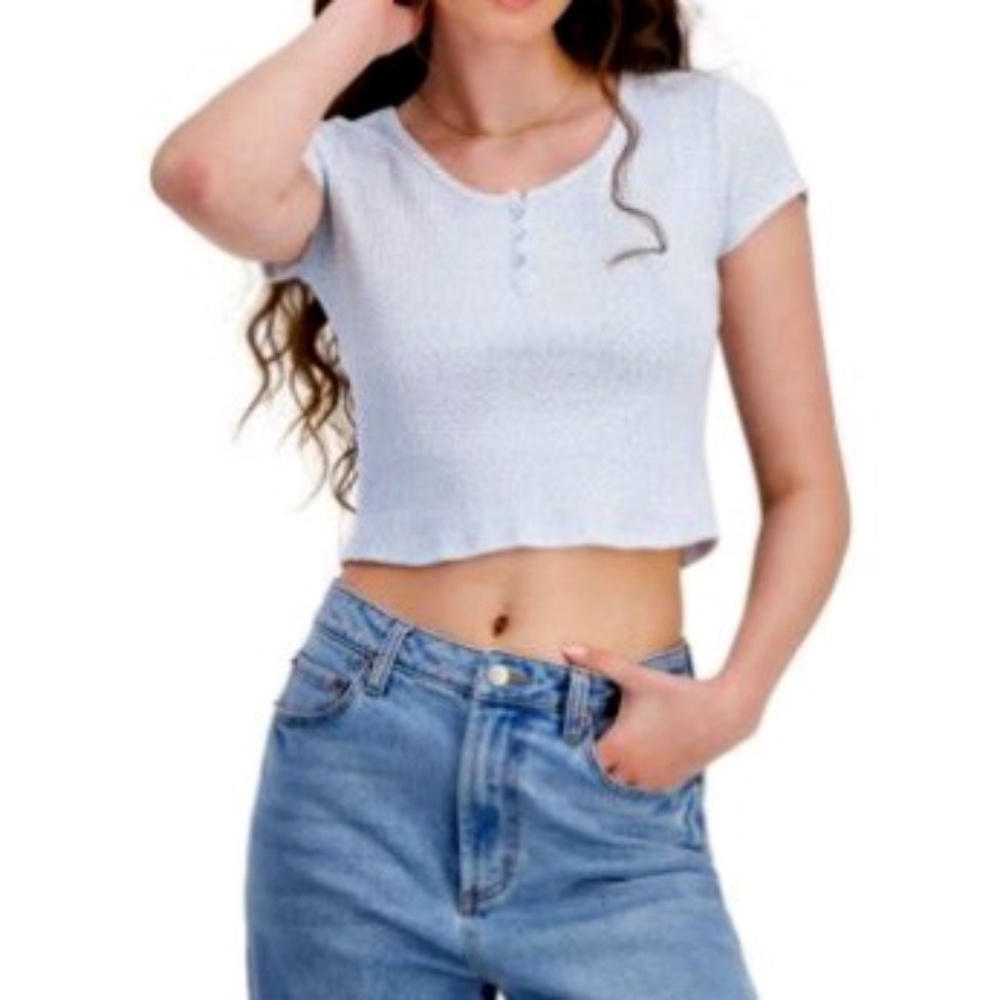 Just Polly - Juniors' Cotton Pointelle Knit Henley Tee. Size M. Pale blue. NWT